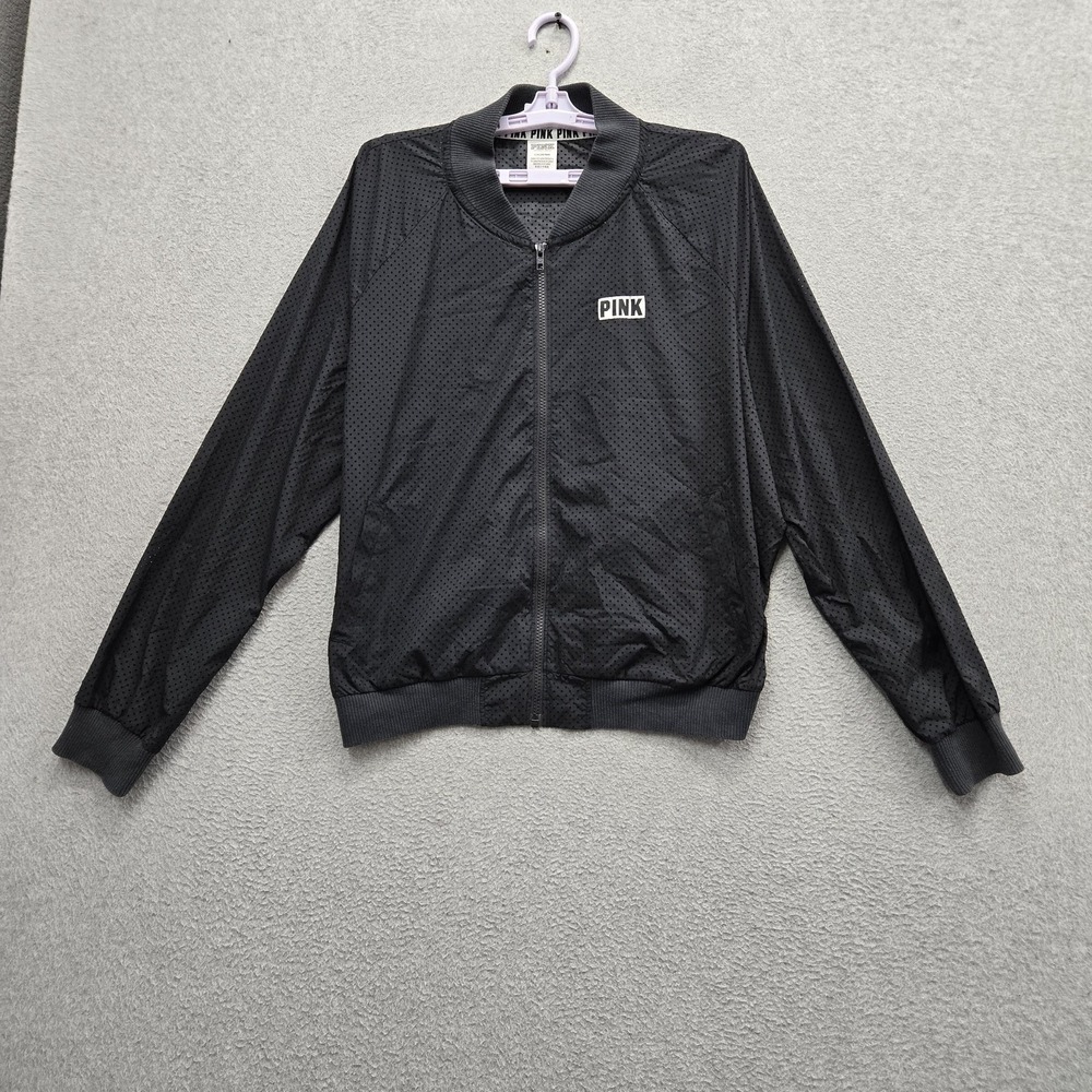 PINK Victoria's Secret Women Jacket L Gray Polka Dot Logo Activewear Bomber